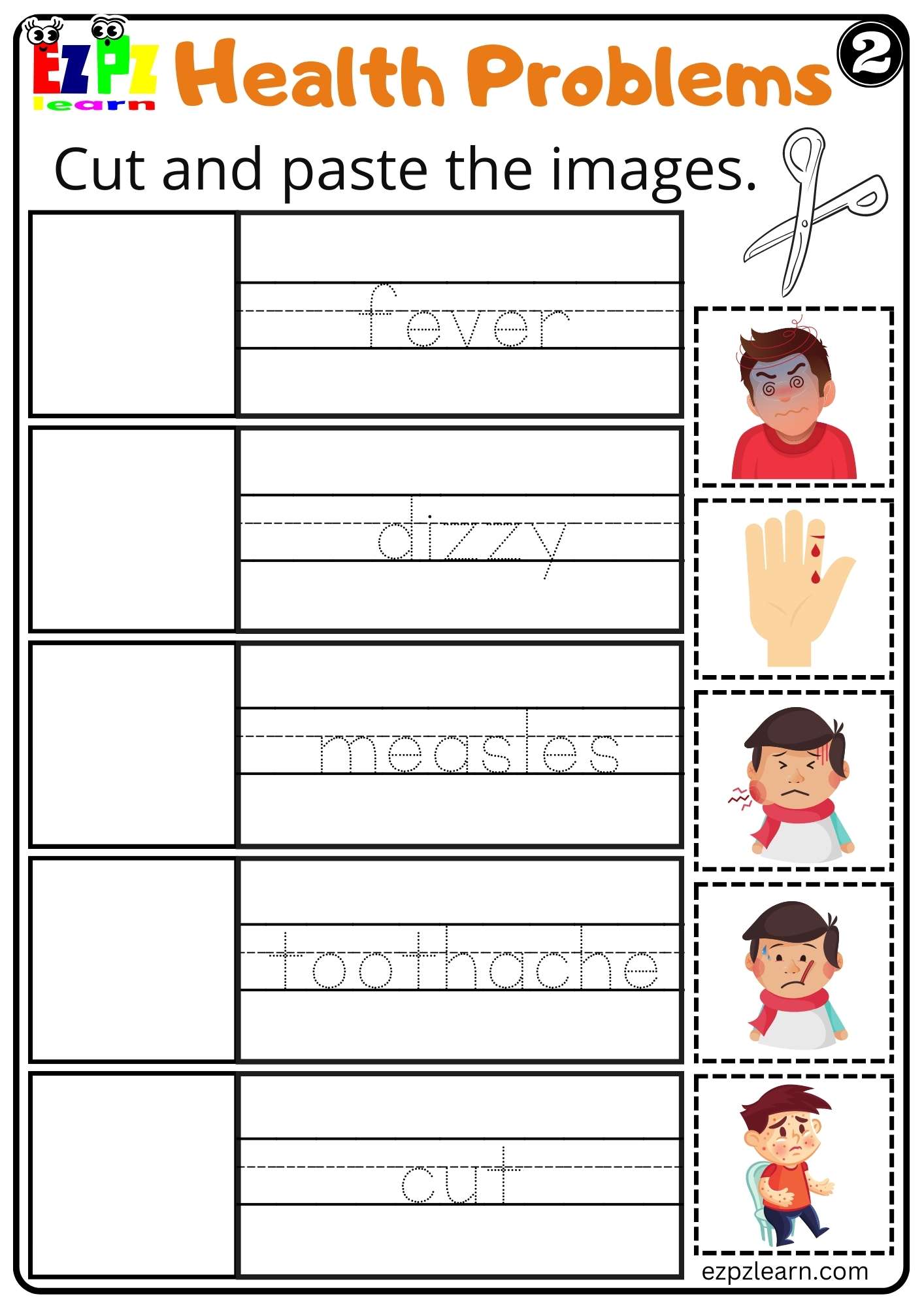 Health Problems Cut and Paste Worksheet for K5 Kids and ESL Students Free PDF Download Set 2
